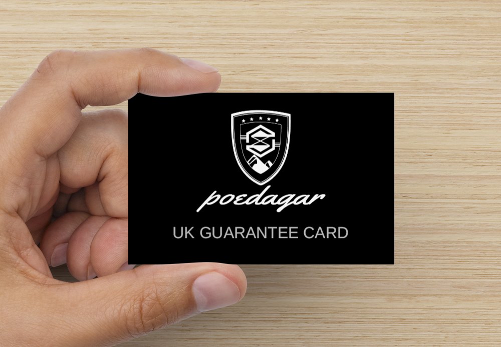 A person holds a black, credit card sized card in their left hand, displaying the front side, which shows the Poedagar logo and emblem. The words “UK GUARANTEE CARD” are printed at the bottom. The logo, emblem and text of the guarantee card are printed in silver but appear closer to white in the image